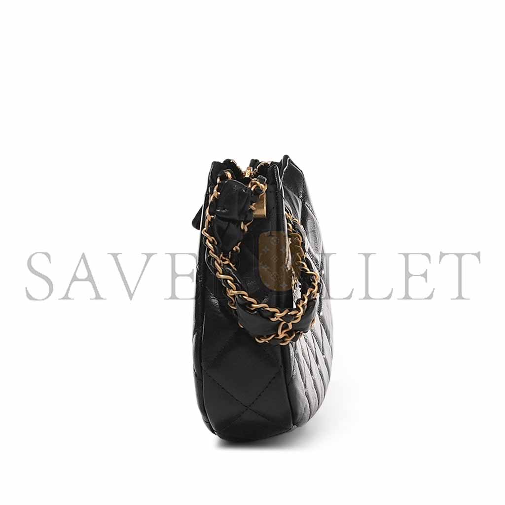 CHANEL BLACK QUILTED LAMBSKIN HOBO BAG BRUSHED GOLD HARDWARE (20.5*12*4.5cm) 